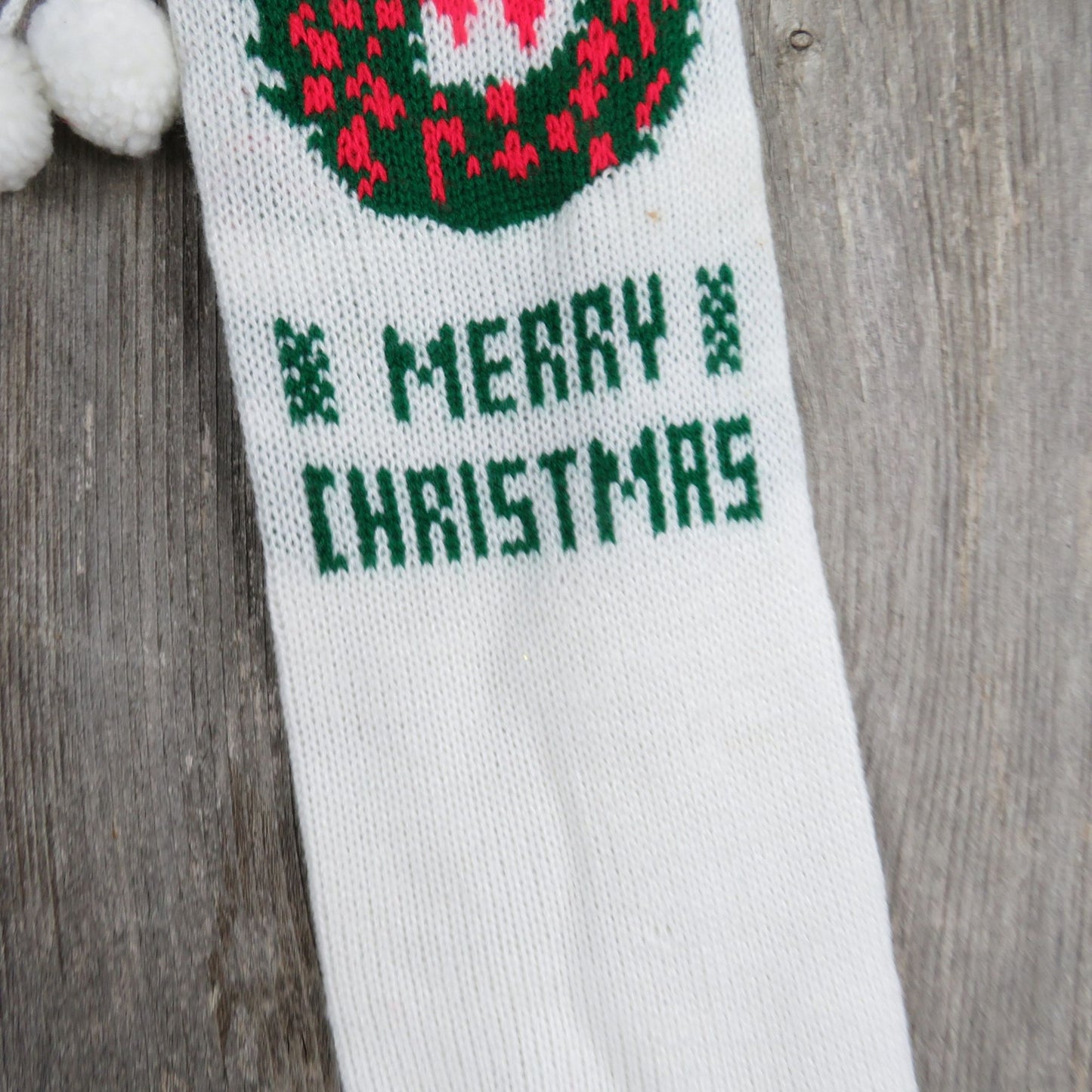 Vintage White Wreath Design Knit Stocking Tree Knitted White Green Red Christmas Pom Pom ST341