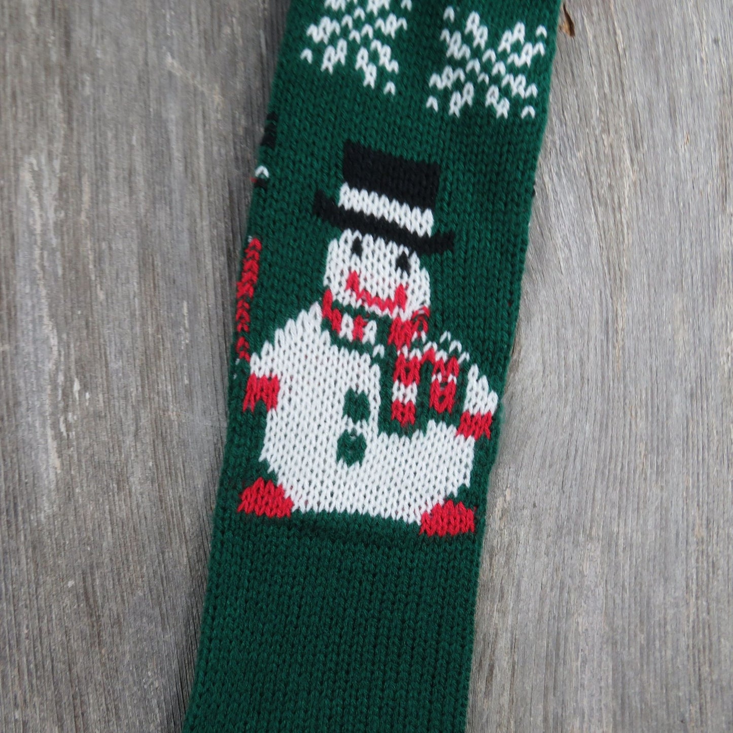 Vintage Chunky Knit Snowman Stocking Christmas Green Red Hearts