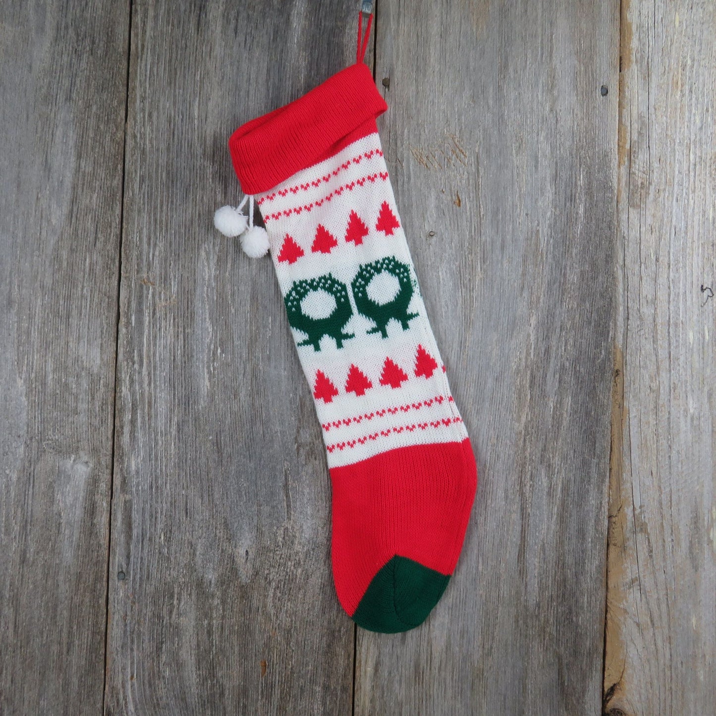 Vintage Wreath Design Knit Stocking Tree Knitted White Green Red Christmas Pom Pom