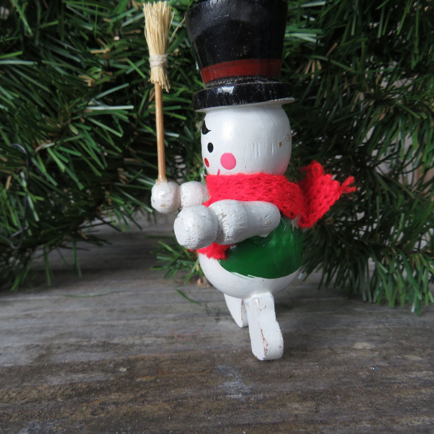 Vintage Snowman with Green Vest Wood Ornament Broom Top Hat Knit Scarf Wooden Christmas