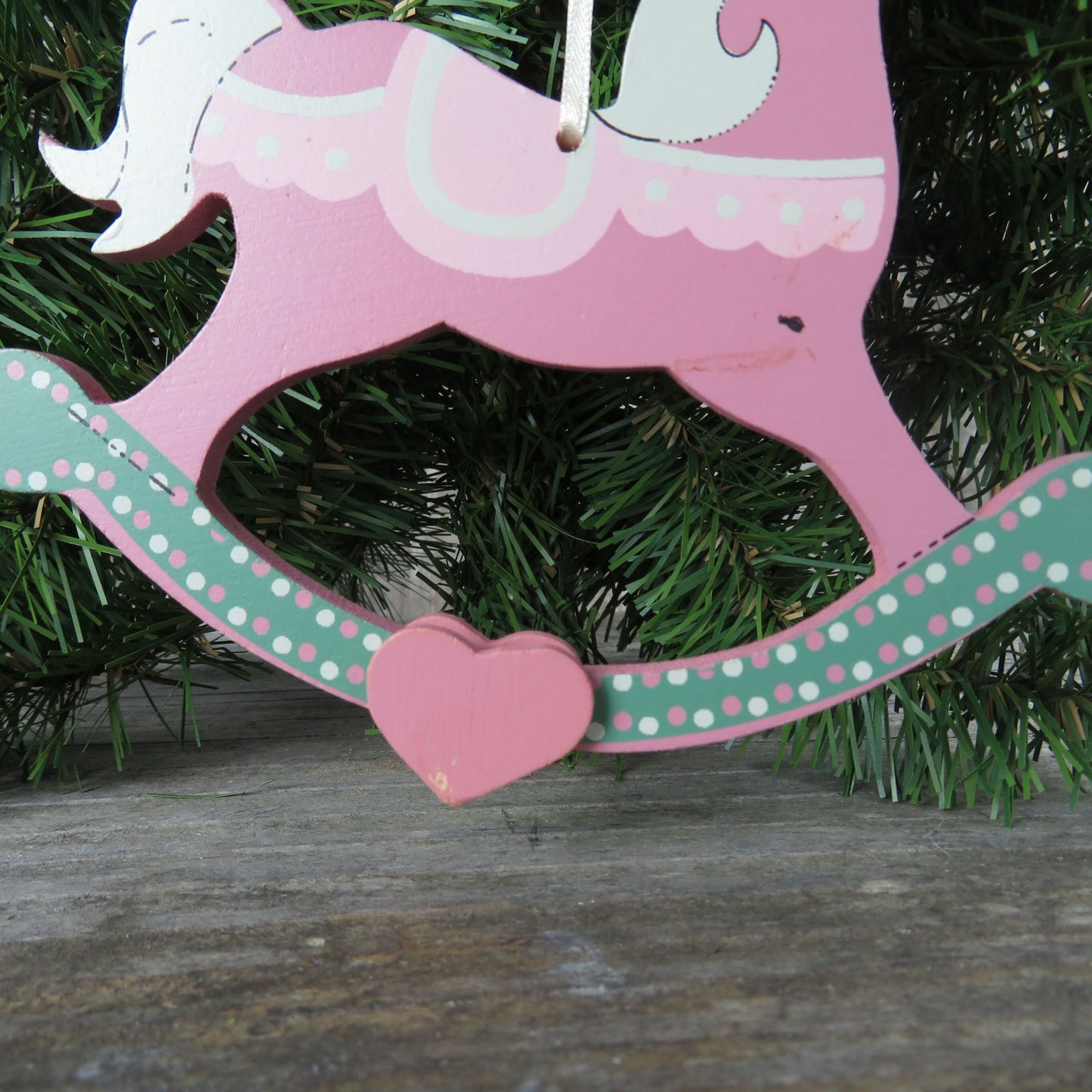 Vintage Pink Wooden Rocking Horse Ornament Fancy Painted Show Pony Green Holly Adler Kurt 1988