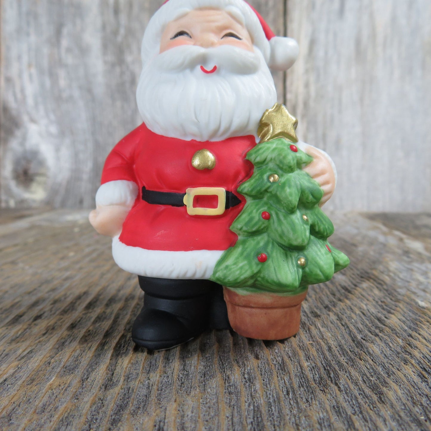 Vintage Santa Claus Figurine Village Christmas Tree Eyes Closed Gold Star Ceramic