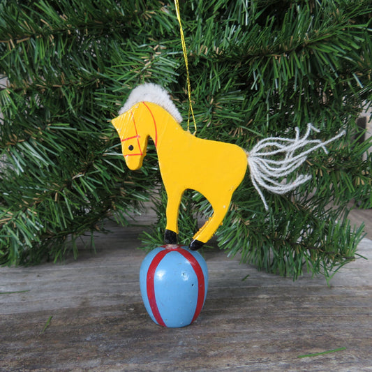 Vintage Wooden Trick Horse on Ball Ornament Wood Yellow Circus Pony Balancing on Ball Christmas