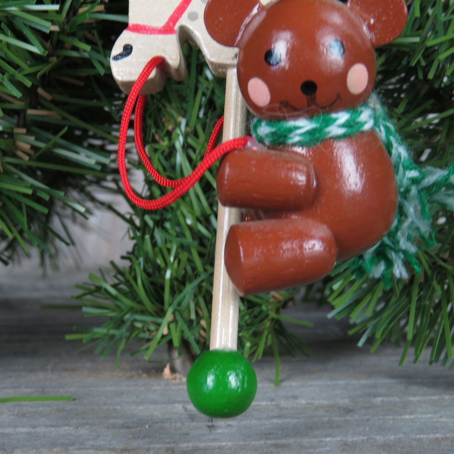 Vintage Bear on Wooden Hobby Stick Horse Ornament White Christmas Pony Scarf