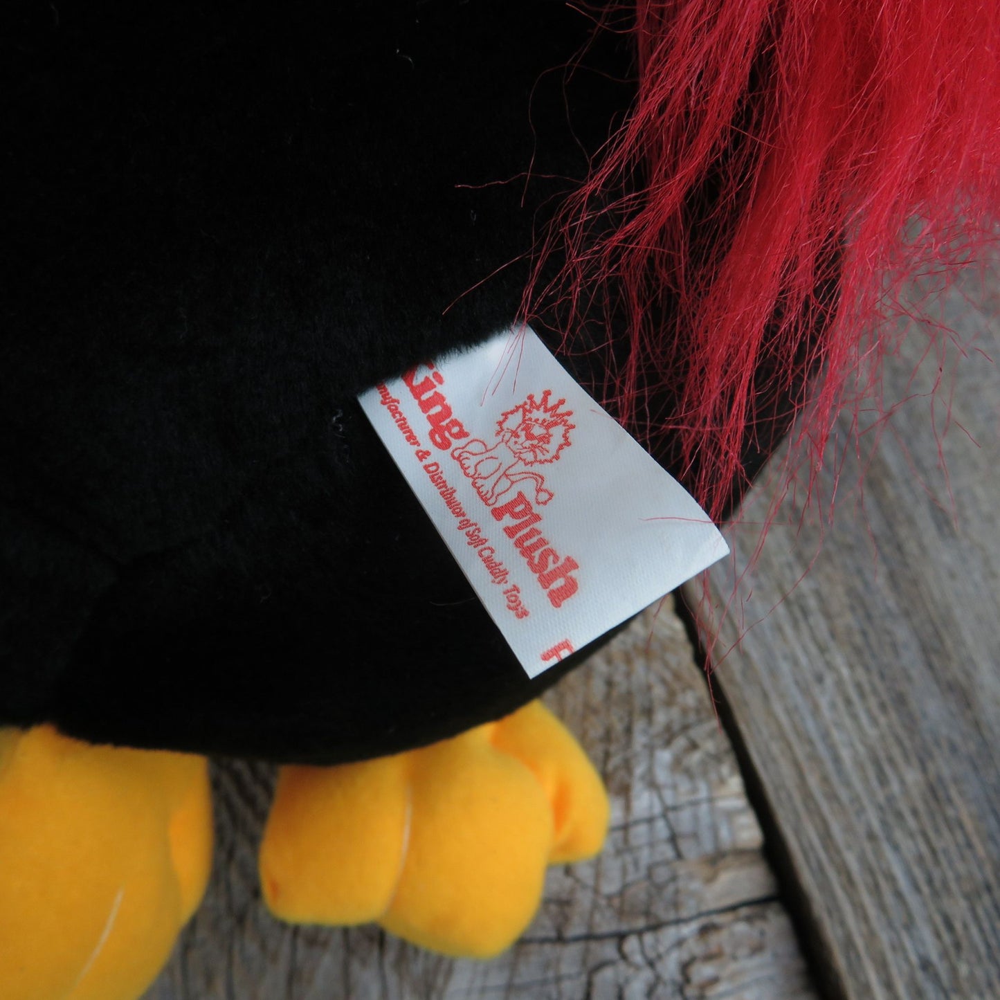 Bird Troll Stuffed Animal King Plush Yellow Ears Beak Feet Red Hair Tail Black White Vintage