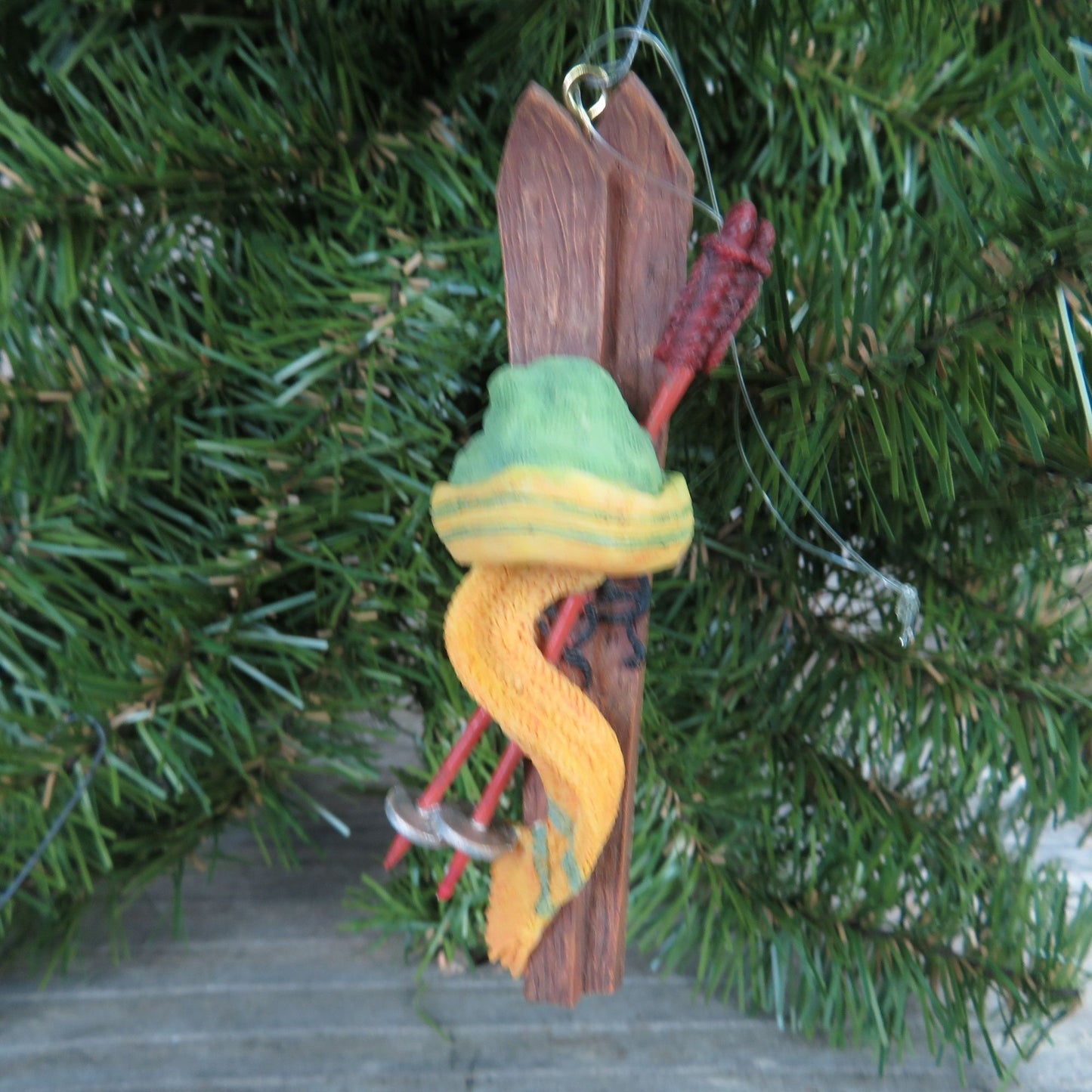 Skiing Ornament Winter Sports Knit Hat and Scarf Green Yellow Russ Vintage