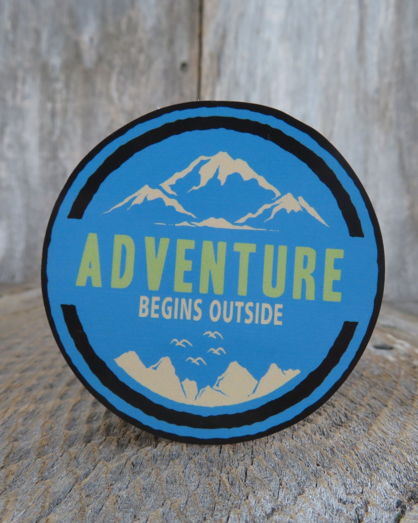 Adventure Begins Outside Sticker Blue Outdoors Camping Waterproof Travel Souvenir Water Bottle Laptop