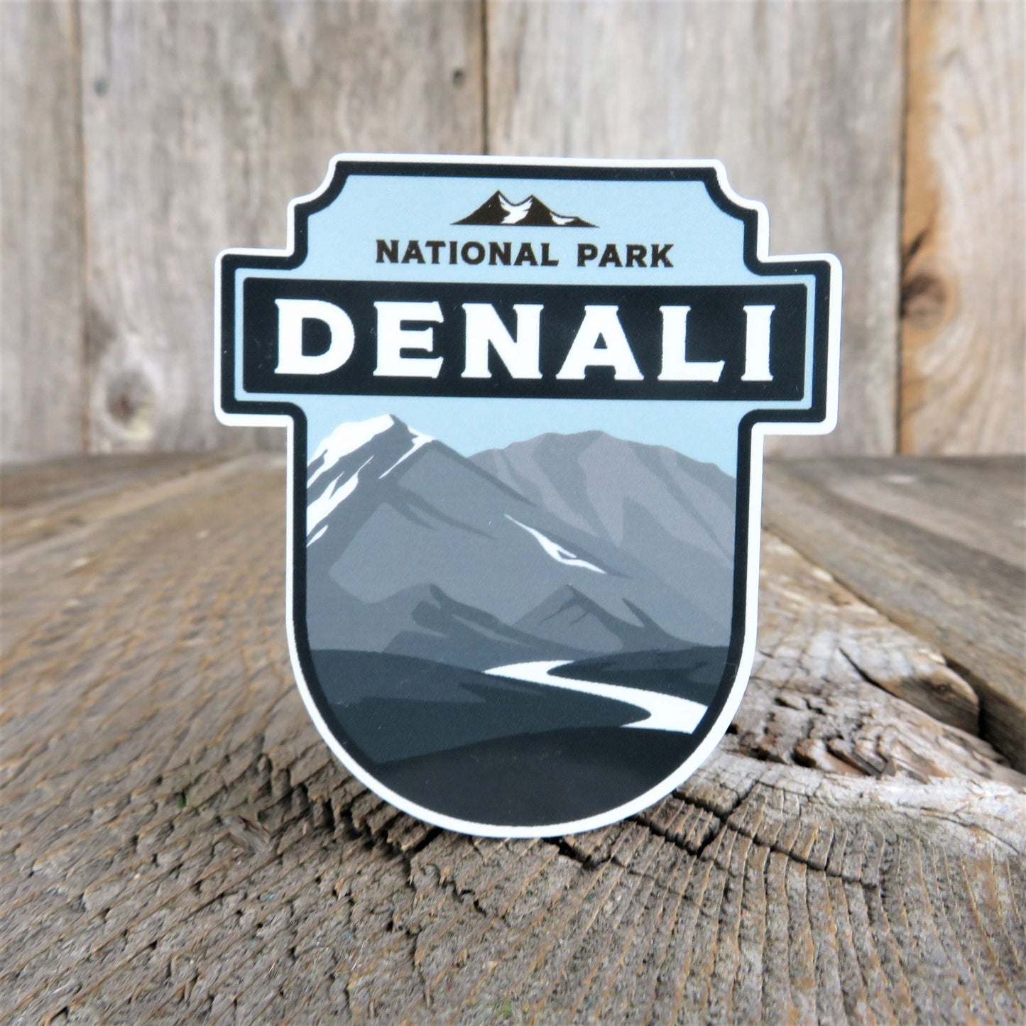 Denali National Park Sticker Alaska Shield Shaped Full Color Waterproof Travel Souvenir Water Bottle Laptop