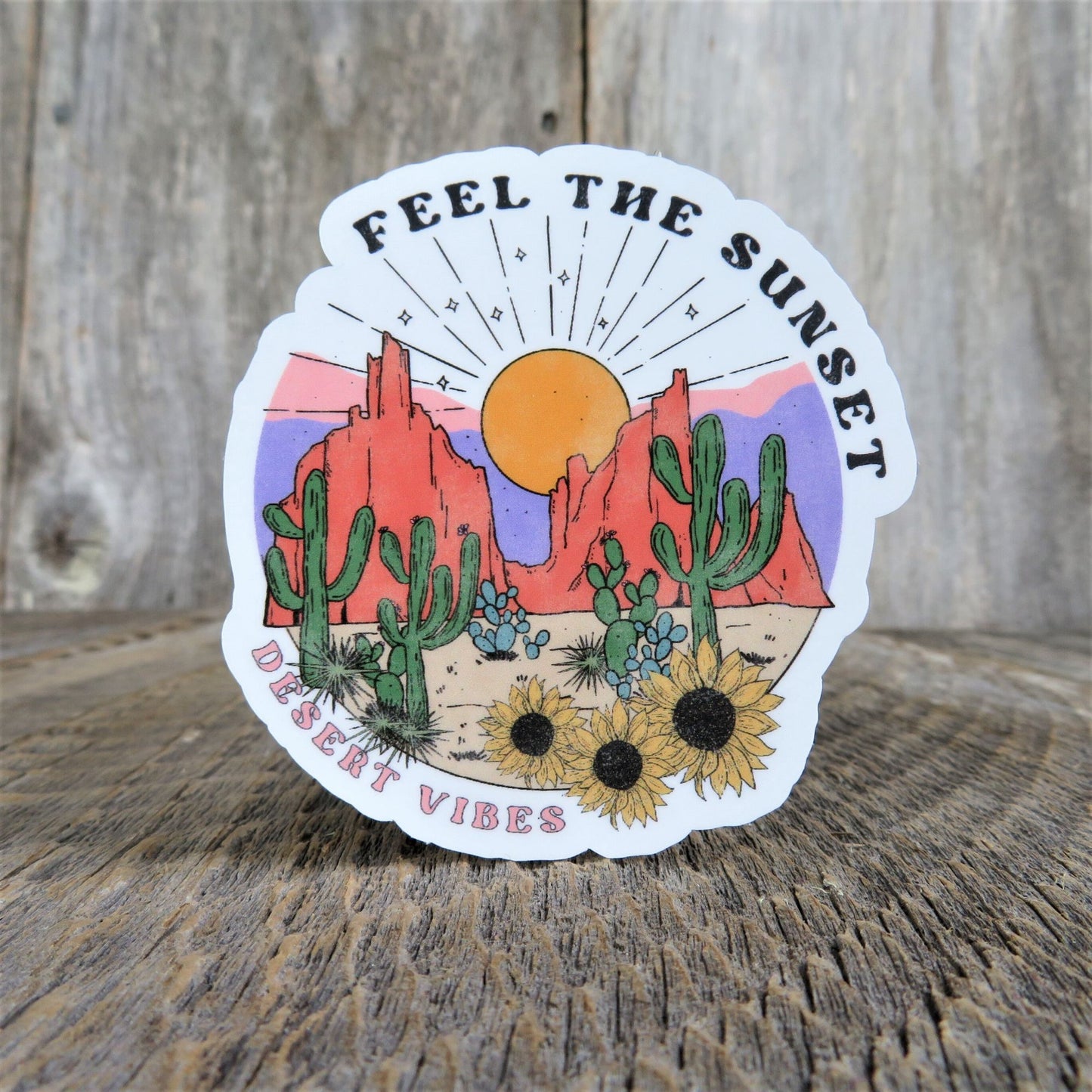Feel the Sunset Desert Vibes Sticker Retro Cactus Full Color Waterproof Summer Water Bottle Laptop