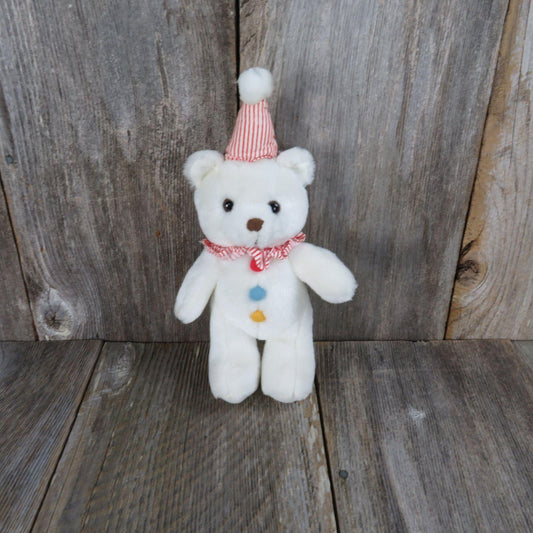Vintage White Clown Bear Plush Party Hat Oriental Trading Company Red White Striped Neck Ruffle Buttons Stuffed Animal