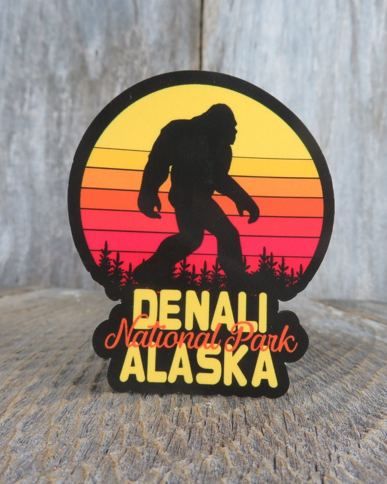 Alaska Denali Bigfoot Sticker National Park Retro Sunset Souvenir Waterproof Travel Water Bottle Laptop Red Yellow