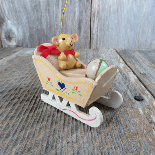 Vintage Sleigh with Teddy Bear and Ball Wooden Sled Ornament Pink and Green Ball Christmas