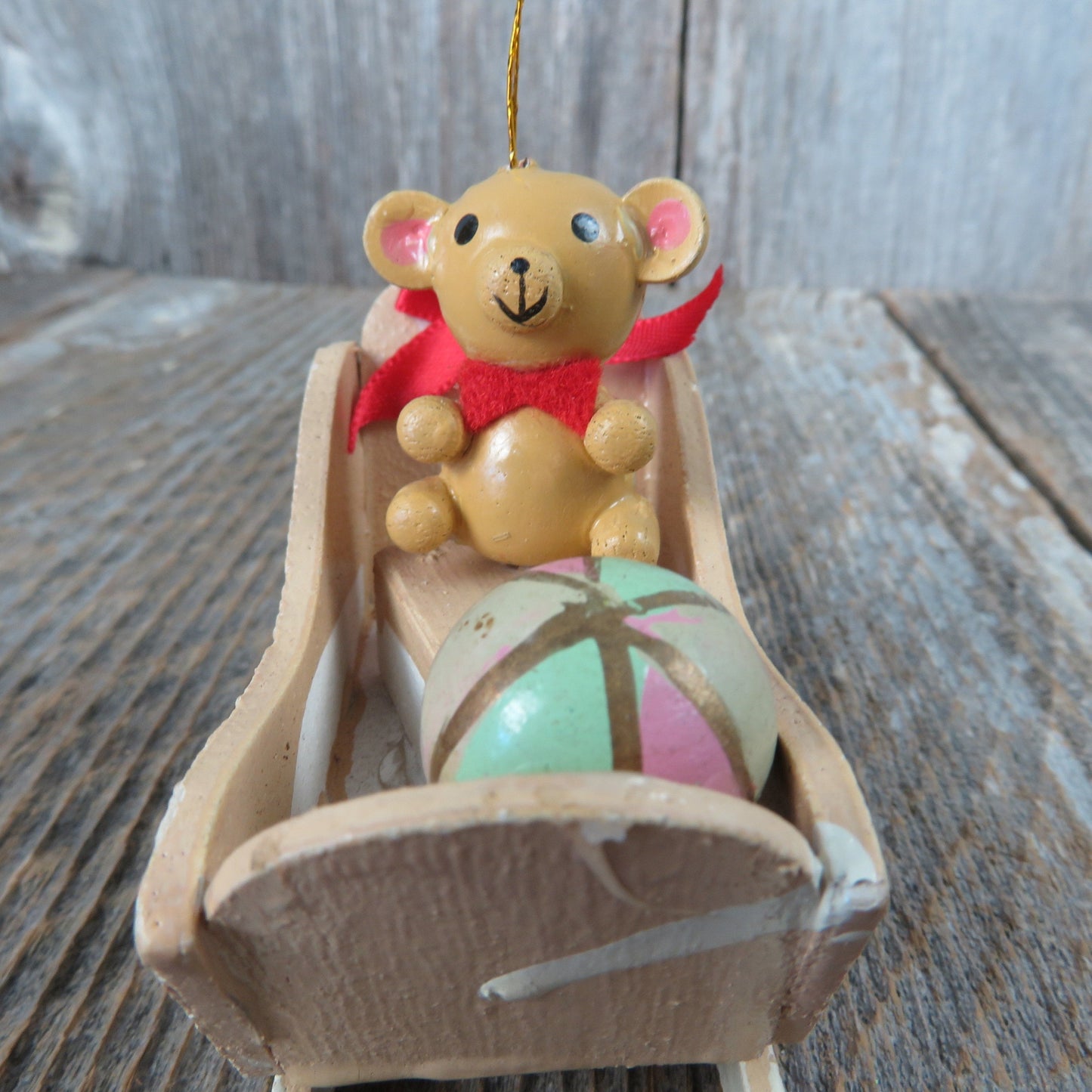 Vintage Sleigh with Teddy Bear and Ball Wooden Sled Ornament Pink and Green Ball Christmas