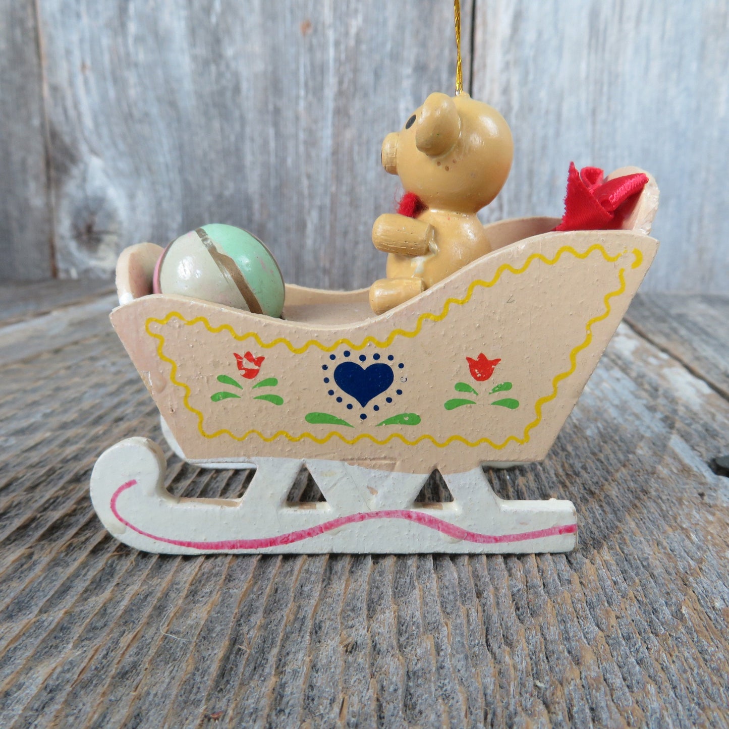 Vintage Sleigh with Teddy Bear and Ball Wooden Sled Ornament Pink and Green Ball Christmas