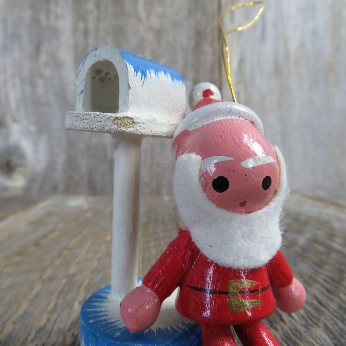 Vintage Santa Claus Mailbox Wooden Ornament Felt Beard Tree Christmas