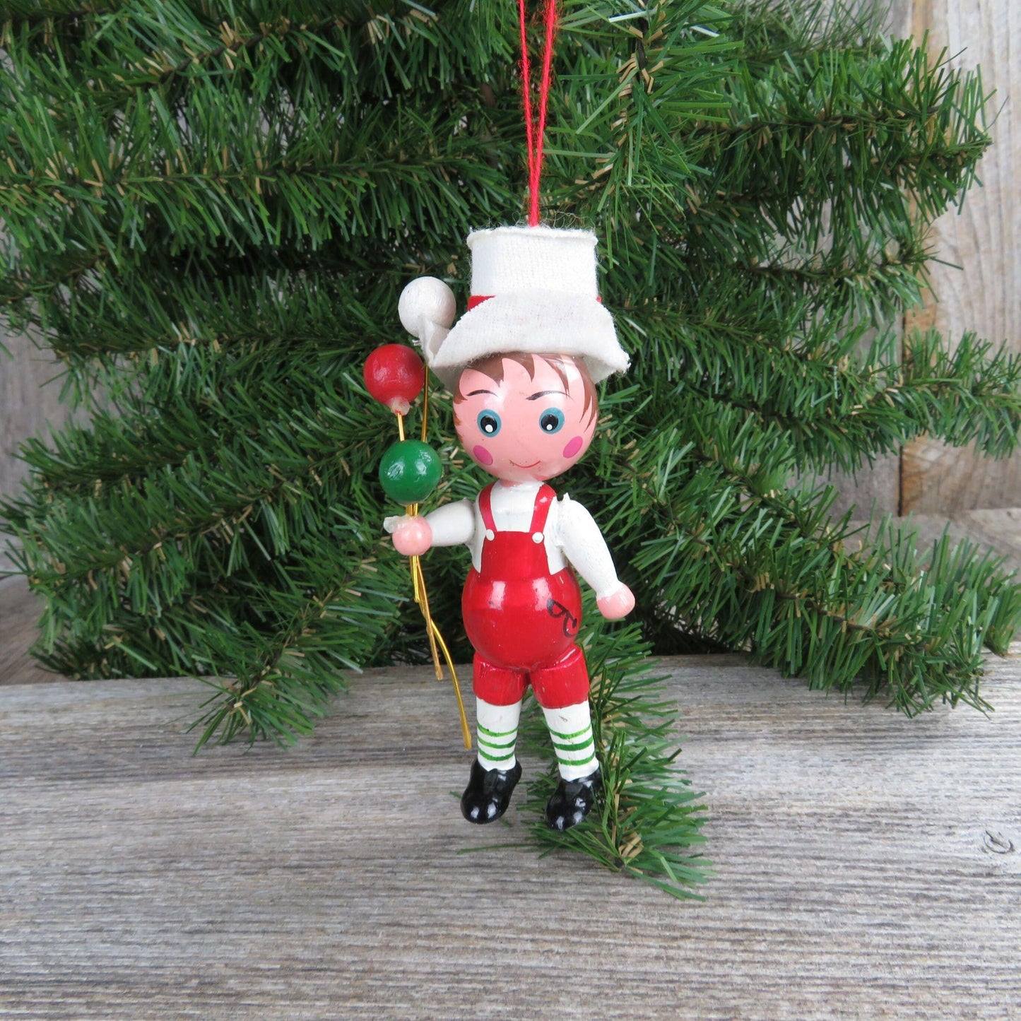 Vintage Boy with Balloon Wood Ornament Felt Hat Christmas Wooden