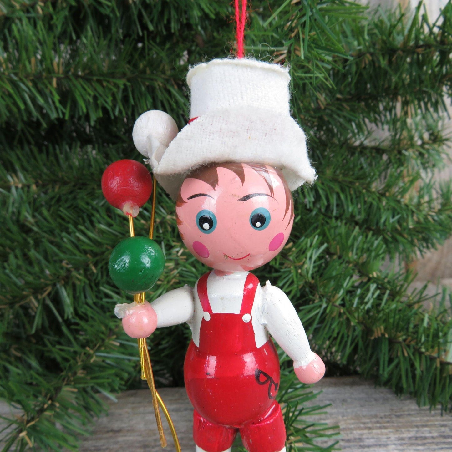 Vintage Boy with Balloon Wood Ornament Felt Hat Christmas Wooden