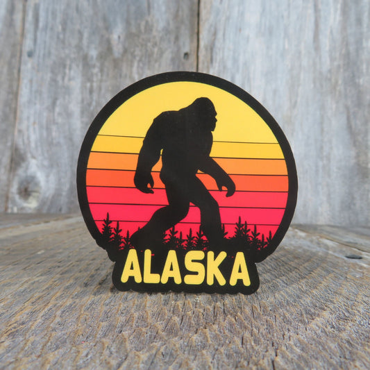 Alaska Bigfoot Sticker State Retro Sunset Souvenir Waterproof Travel Water Bottle Laptop Red Yellow