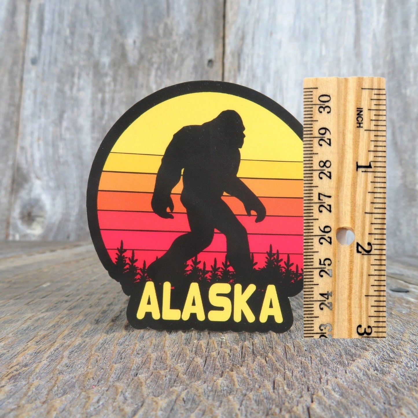 Alaska Bigfoot Sticker State Retro Sunset Souvenir Waterproof Travel Water Bottle Laptop Red Yellow