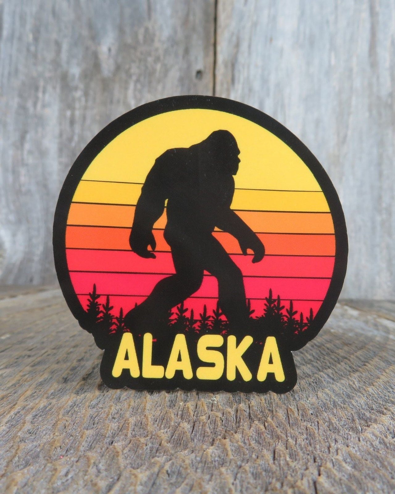 Alaska Bigfoot Sticker State Retro Sunset Souvenir Waterproof Travel Water Bottle Laptop Red Yellow