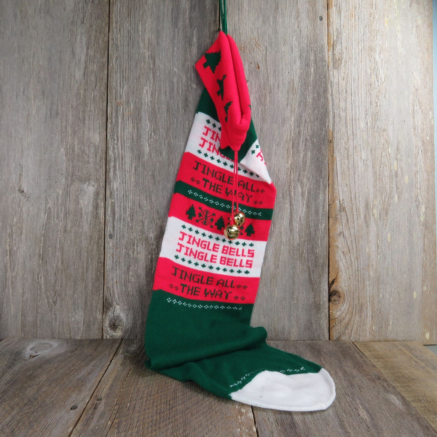 Vintage Jingle Bells Knit Stocking Extra Large Striped Jingle All The Way Huge Red Green St377