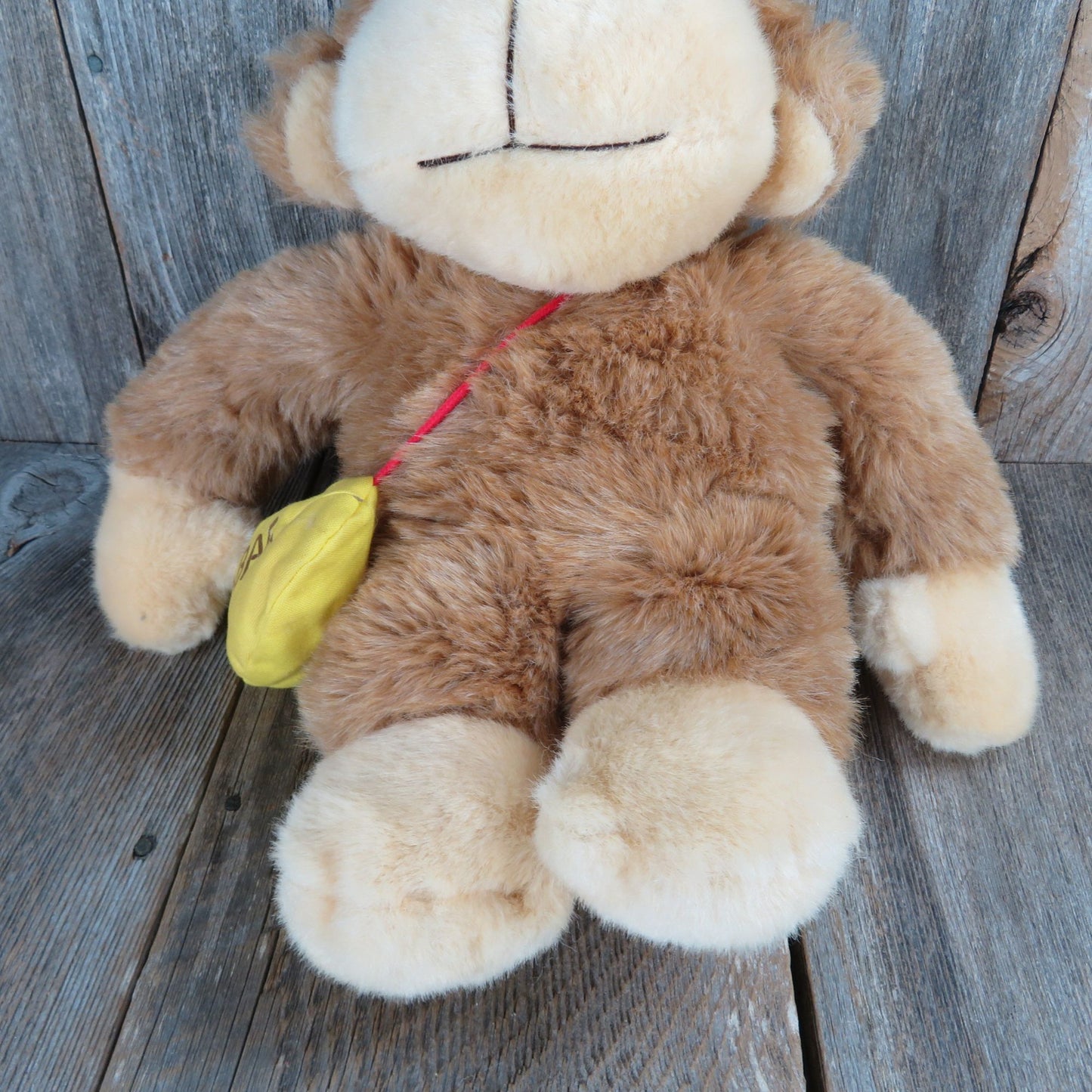Vintage Monkey with Banana Bag Plush Brown Gorilla Ape Rattle Tail Sad Eyes Stuffed Animal