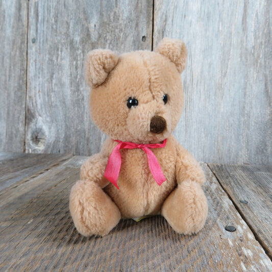 Vintage Teddy Bear Plush Dakin Brown Red Bow Colored Small Stitched Nose Stuffed Animal 1982