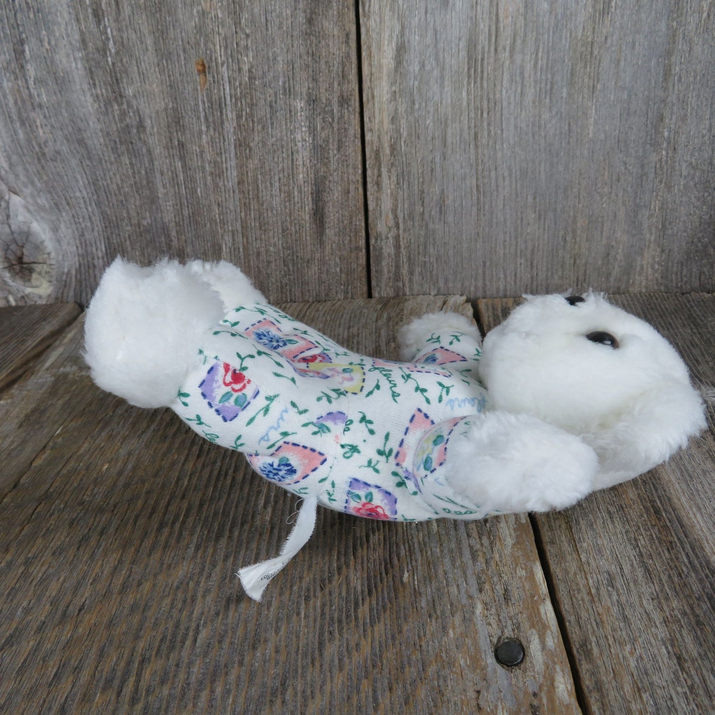 Vintage Mini Bear Plush White with Floral Fabric Body Blue Pink Flowers Stuffed Animal