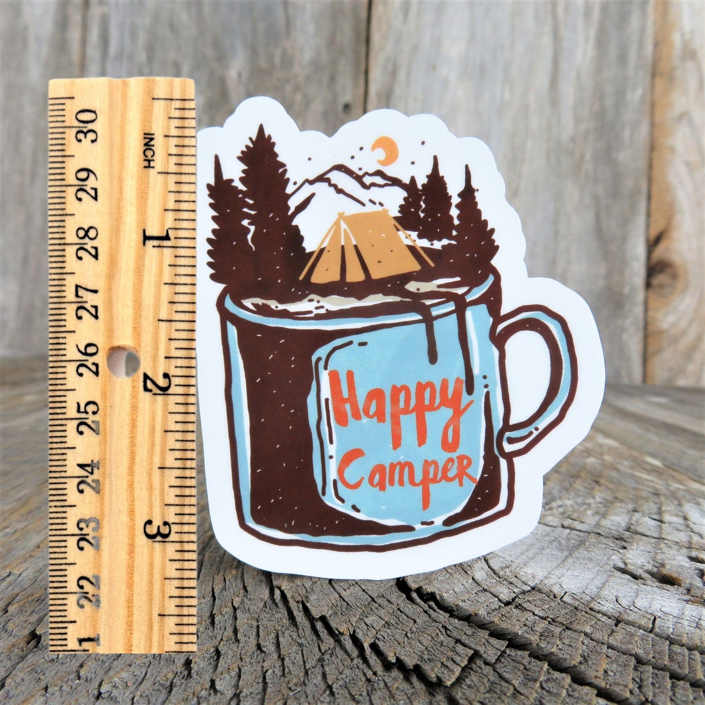 Happy Camper Sticker Tent Scene Coffee Cup Camping Retro Color Waterproof Car Water Bottle Laptop