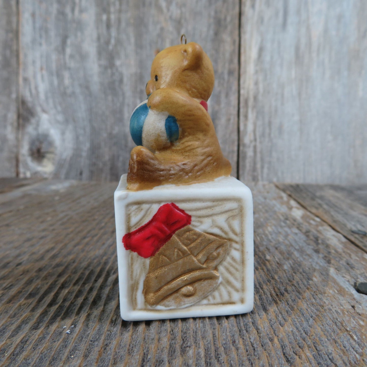 Vintage Bear with Ball Sitting Alphabet Block Ornament Red Bow Ceramic Porcelain Christmas House of Lloyd