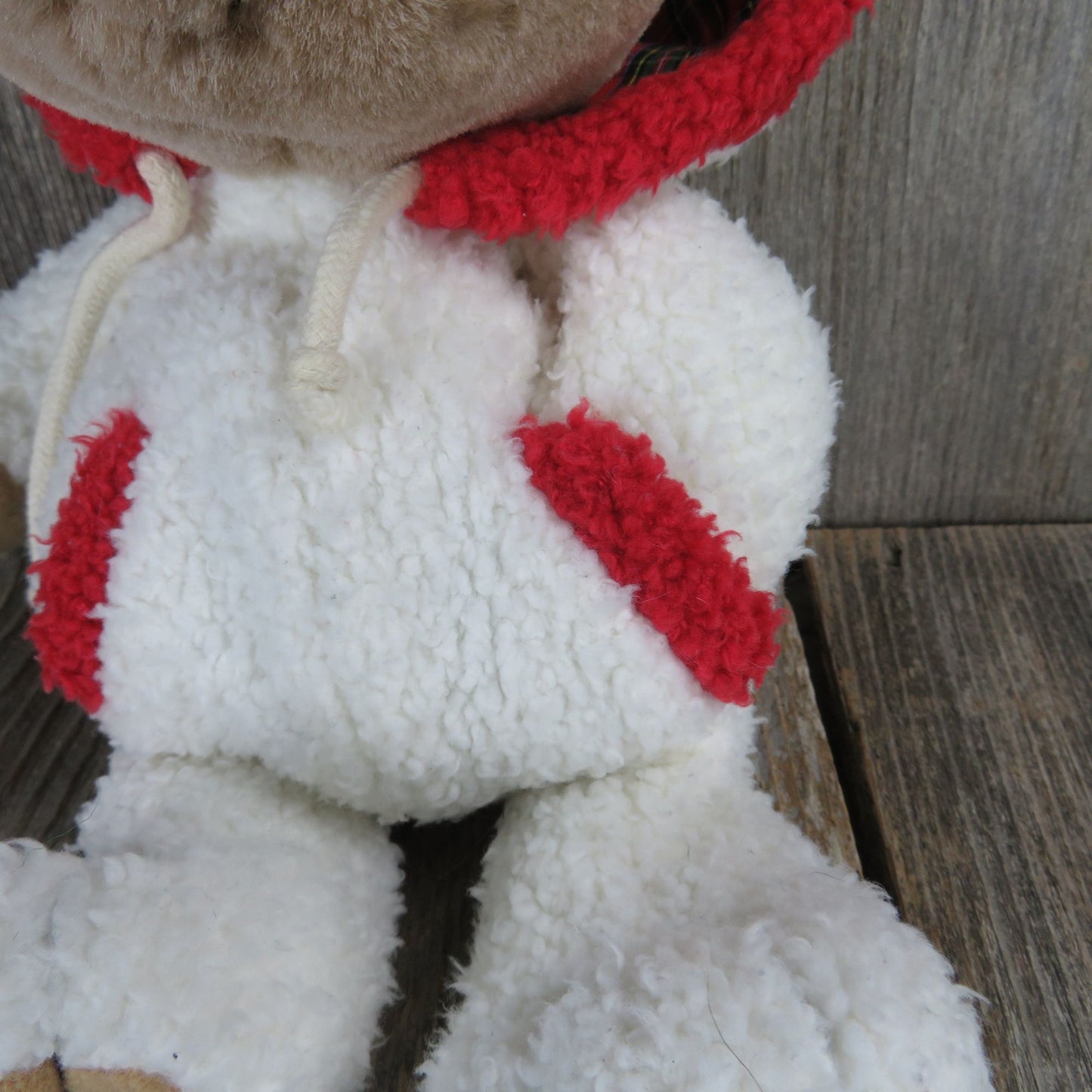 Vintage Teddy Bear In White Fleece Sherpa Suit Plush Creations Winter Pocket Red Trim Plaid 1998