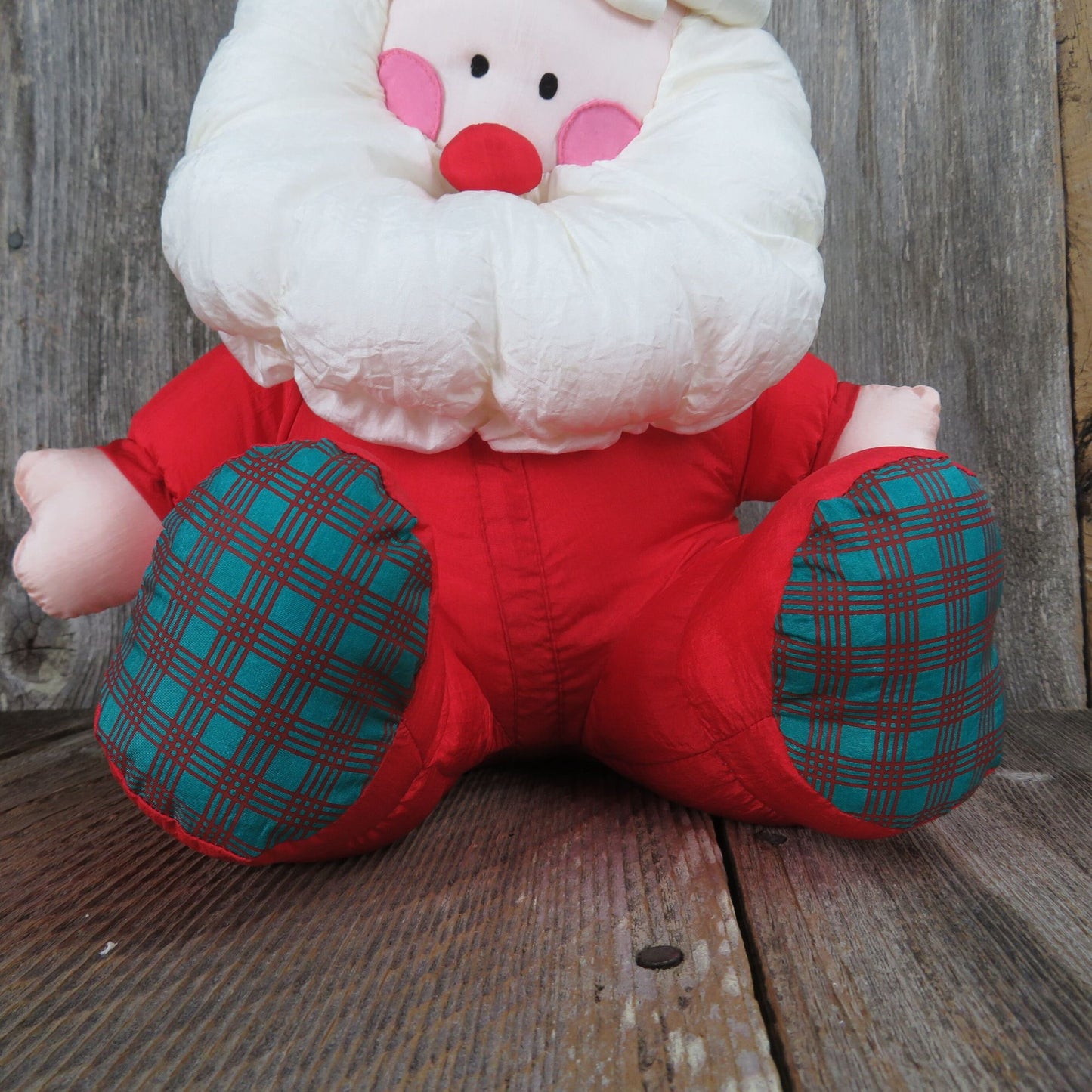 Vintage Santa Claus Plush Slick Nylon Russ Plaid Feet Christmas Stuffed Animal Doll