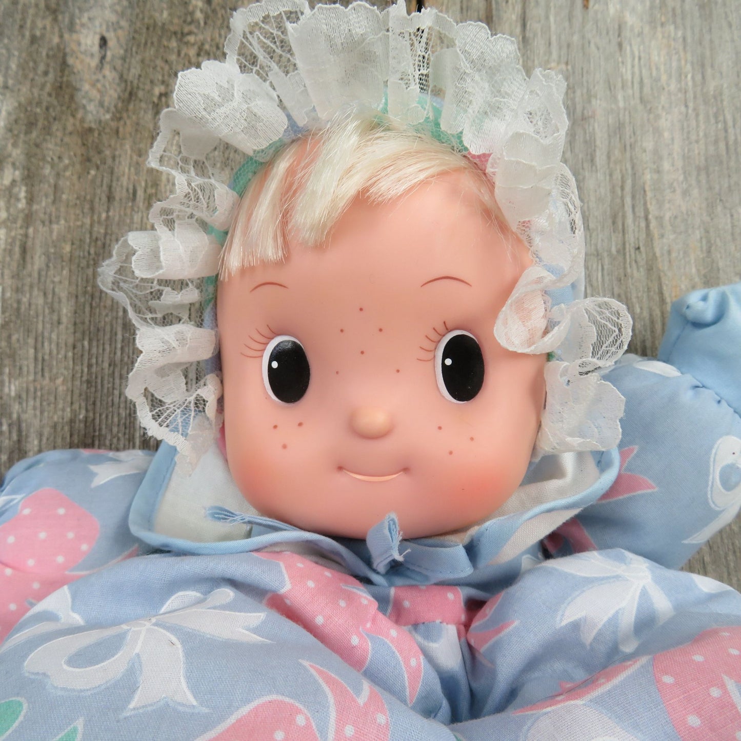 Vintage Soft Body Doll Plush Rubber Face Uneeda Blue Fabric Pink Green Bows Lace Big Eyes