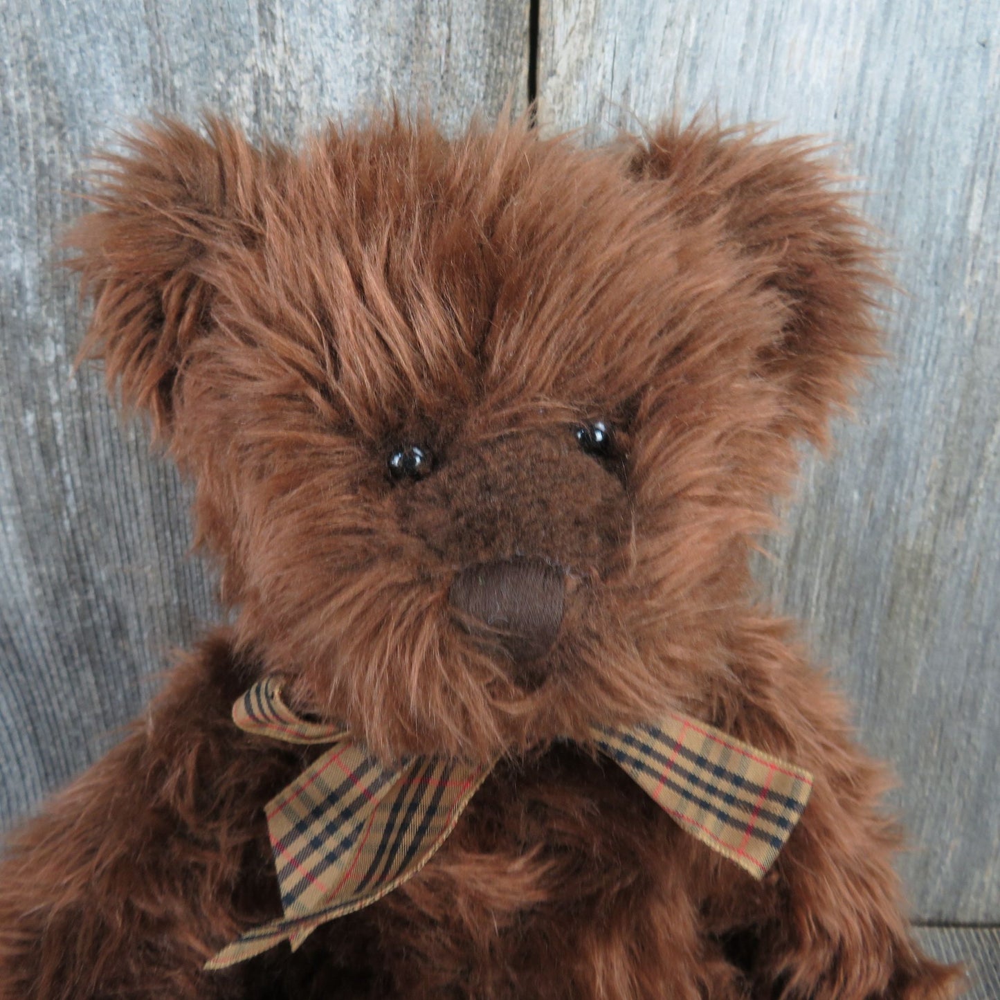 Vintage Teddy Bear Shaggy Plush Beresford Russ Stuffed Animal Brown Plaid Bow Stitched Nose