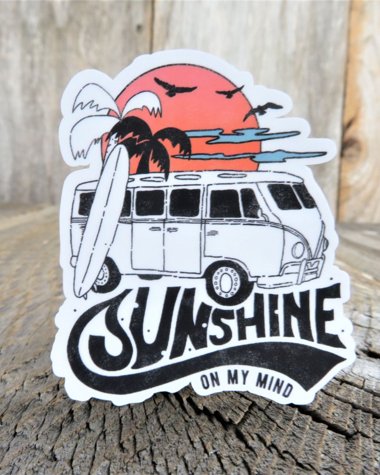 Sunshine on My Mind Sticker Summer Ocean Retro Surfer Van Colored Decal Palm Tree Waterproof Souvenir Car Water Bottle Laptop