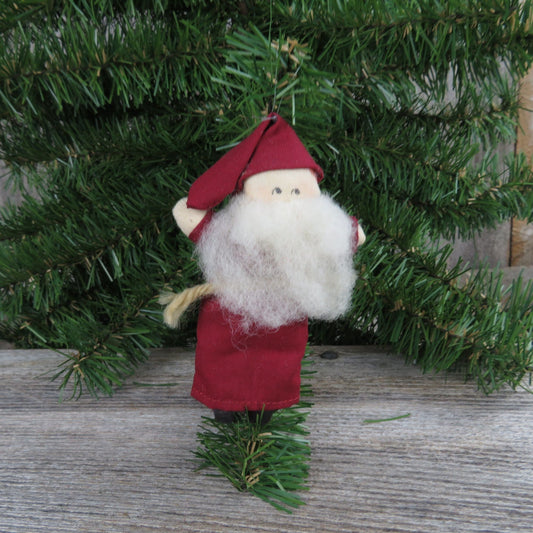 Vintage Elf Gnome Santa Ornament Plush Body Fabric Red Christmas Fuzzy Beard