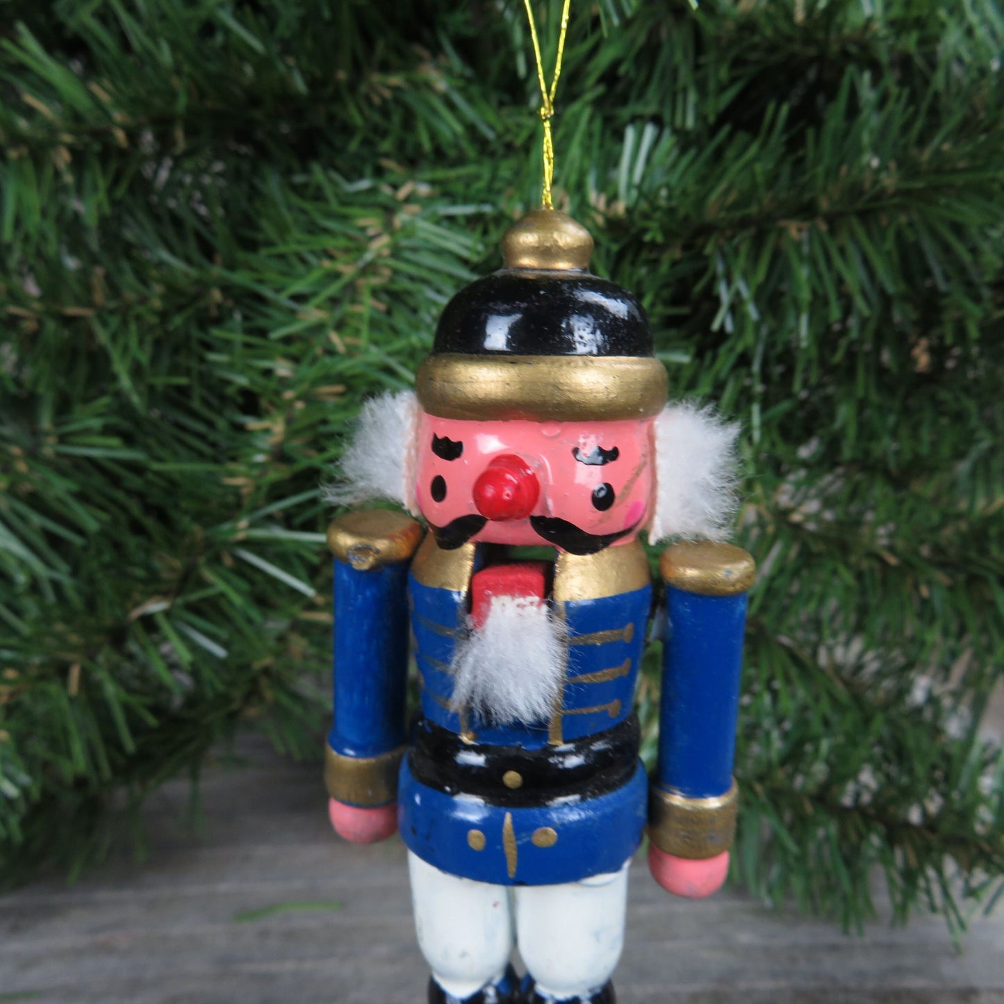 Vintage Blue Nutcracker Wood Ornament  Mustache  Solider Wooden Christmas