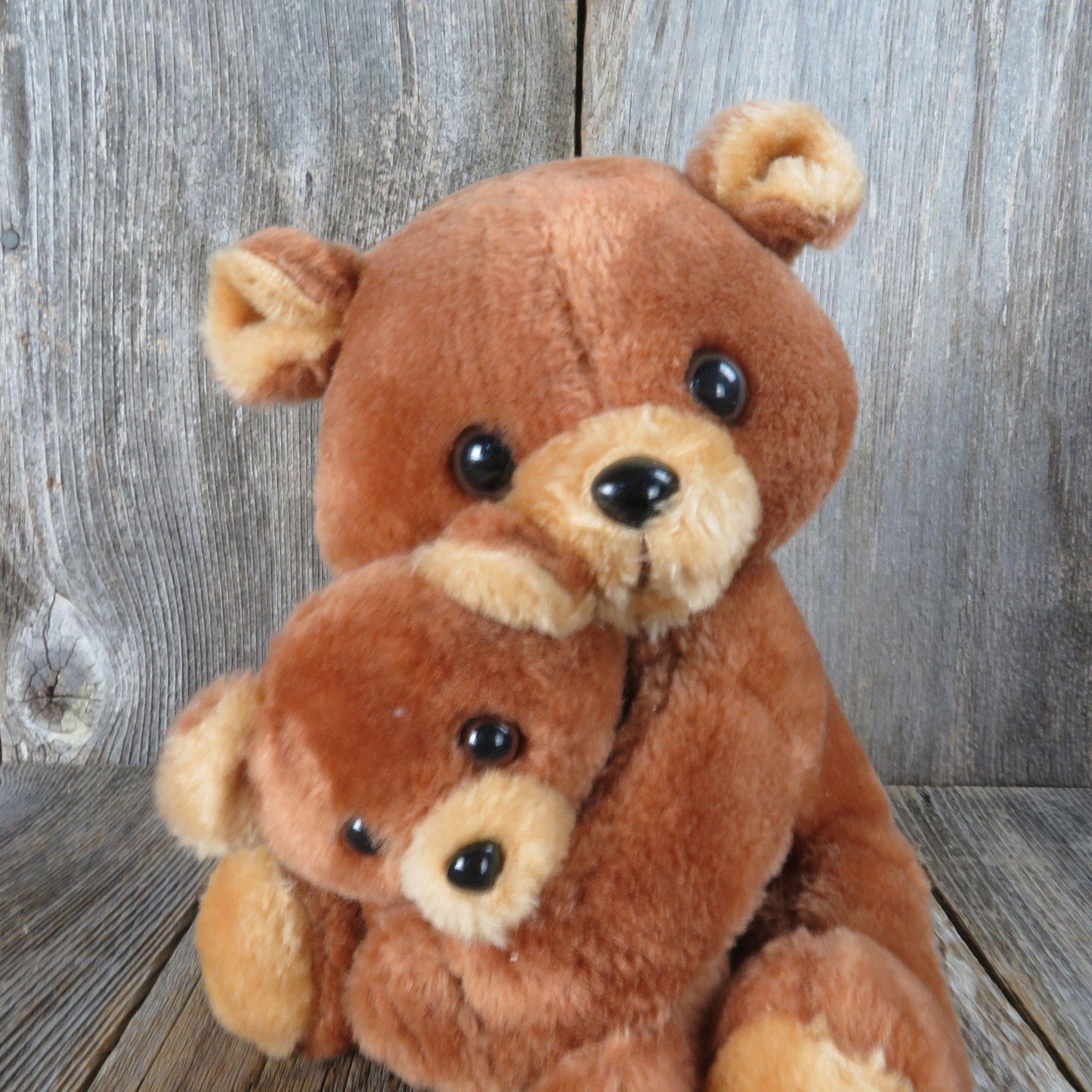 Vintage Mama Teddy Bear Plush Baby Cub Stuffed Animal Russ Hugging Brown Korea