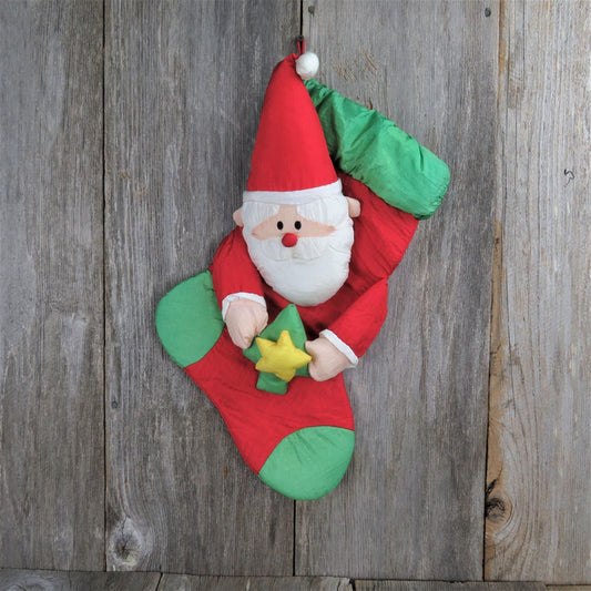 Vintage Santa Claus Christmas Stocking Plush Red White Green Nylon Puffy Stuffed Slick Quilted