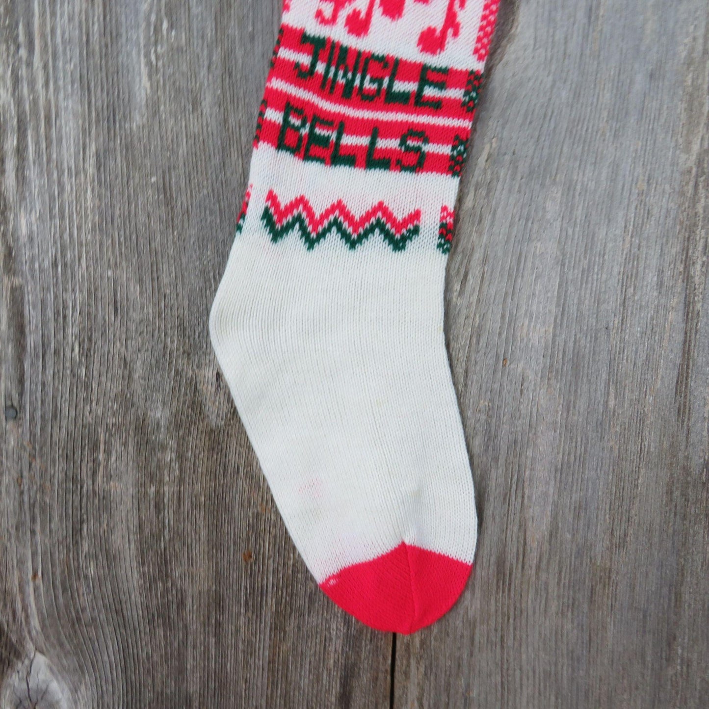 Vintage Jingle Bells  Knit Stocking Christmas Musical Notes Red Green White Pom Pom