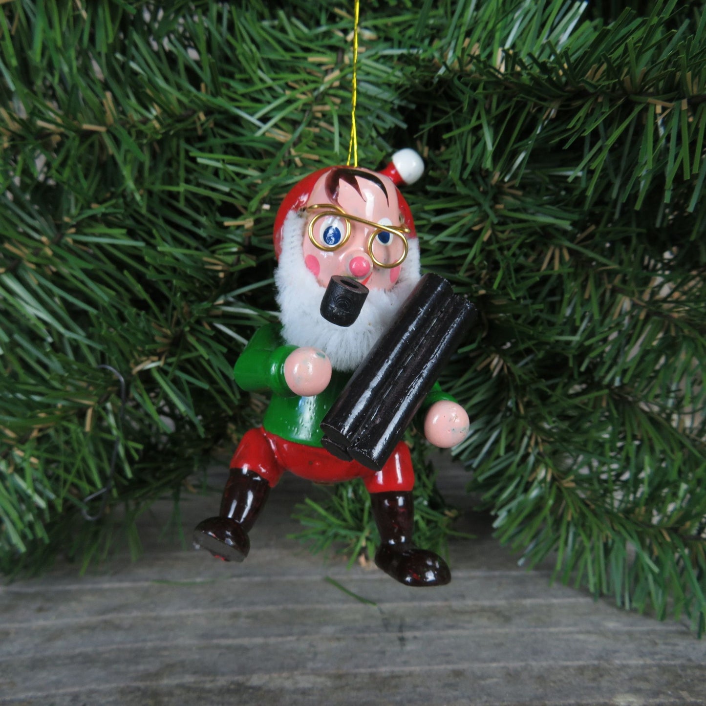 Vintage Wooden Elf Ornament with Firewood Logs Pipe Glasses Wood Beard