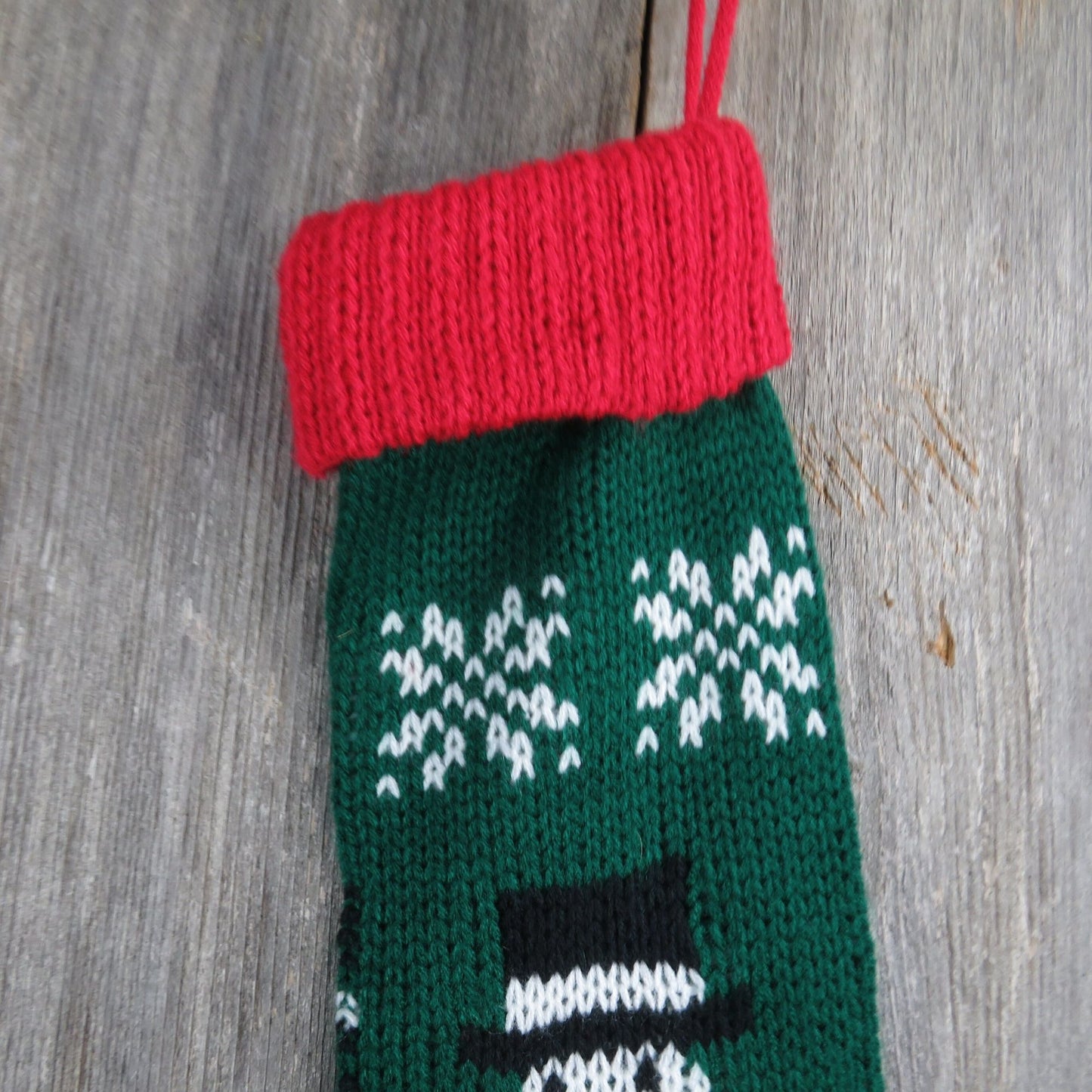 Vintage Chunky Knit Snowman Stocking Christmas Green Red Hearts