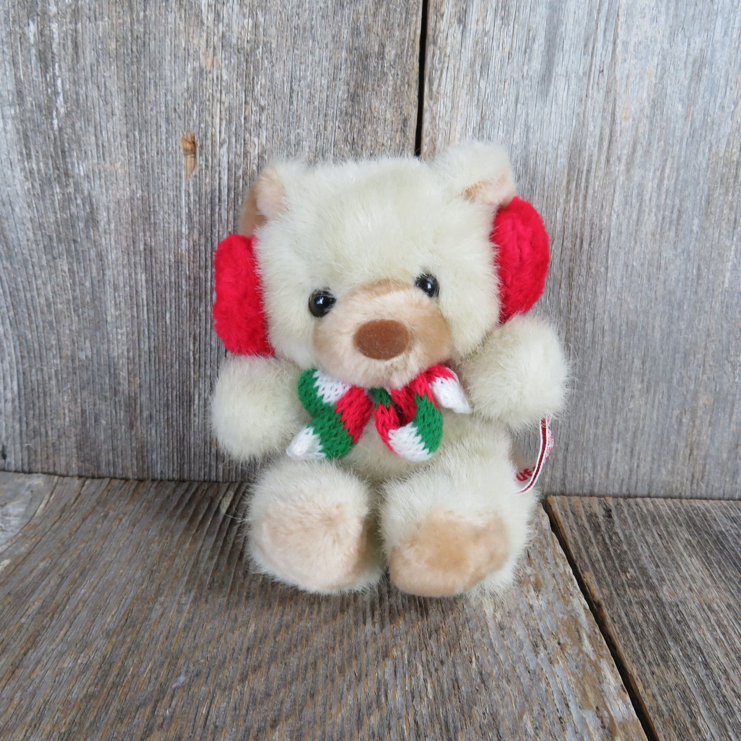 Vintage Teddy Bear Plush Red Earmuffs and Scarf Russ Tuff Teddy Christmas Mini Brown Nose Stuffed Animal