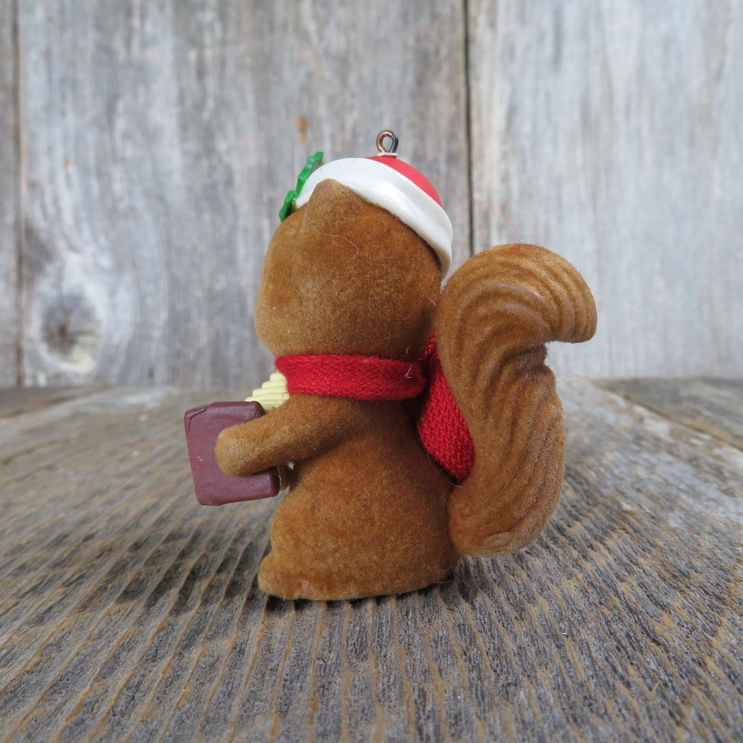Vintage Flocked Squirrel Ornament Chipmunk Christmas Accordion Concertina Santa Hat