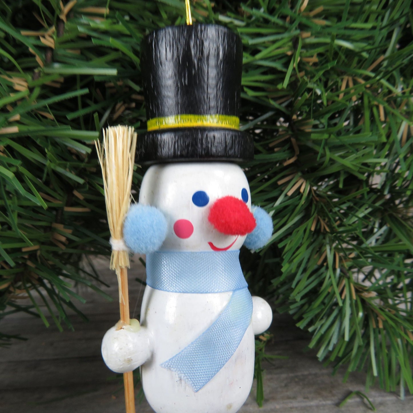 Vintage Snowman Wood Ornament Broom Top Hat Blue Scarf Ear Muffs Wooden Christmas
