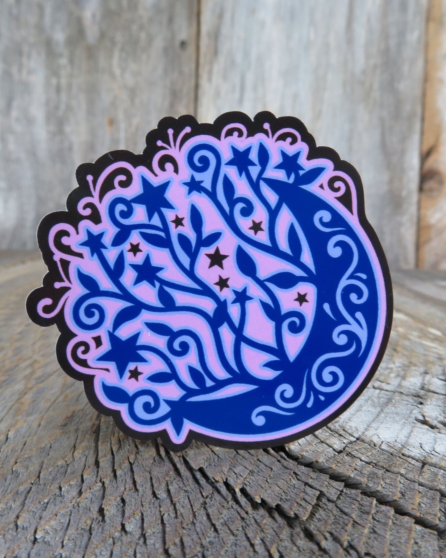 Blue and Purple Floral Art Moon Sticker Waterproof Art Blue Moon and Stars Flower Lovers