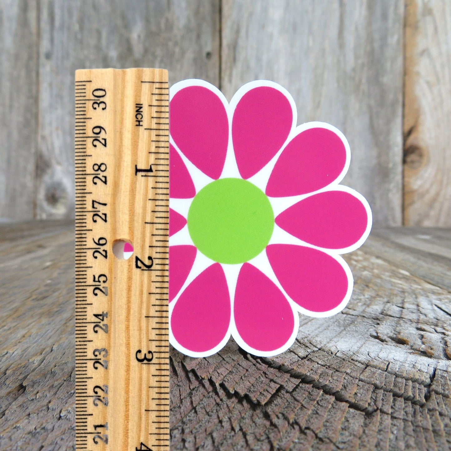 Daisy Flower Sticker Pink and Green Retro Style Waterproof Full Color Groovy 70's Flower Power