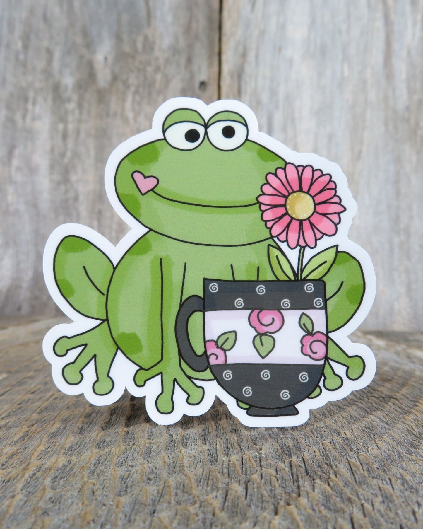 Green Frog with Cup Sticker Flower Waterproof Full Color Frog Lover Coffee Lover Tea Drinker