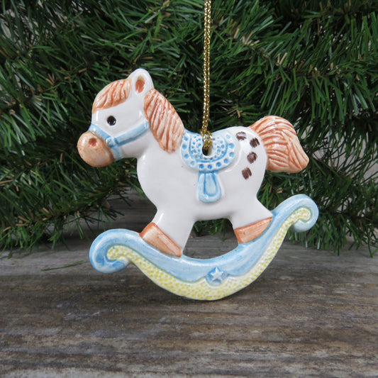Vintage Rocking Horse Porcelain Ornament Hallmark Blue White Flat Ceramic Christmas 1982