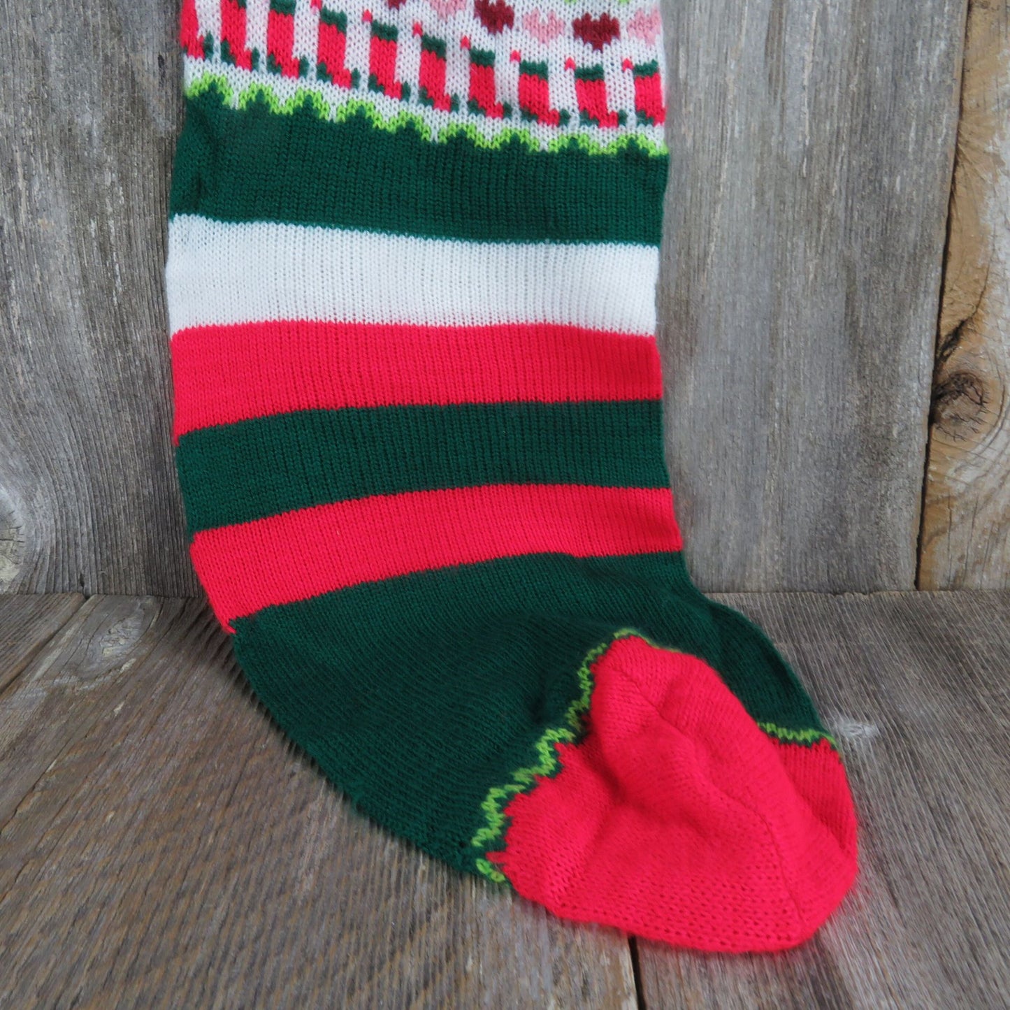 Vintage Wreath Striped Knit Stocking Extra Large Knitted White Green Red Christmas
